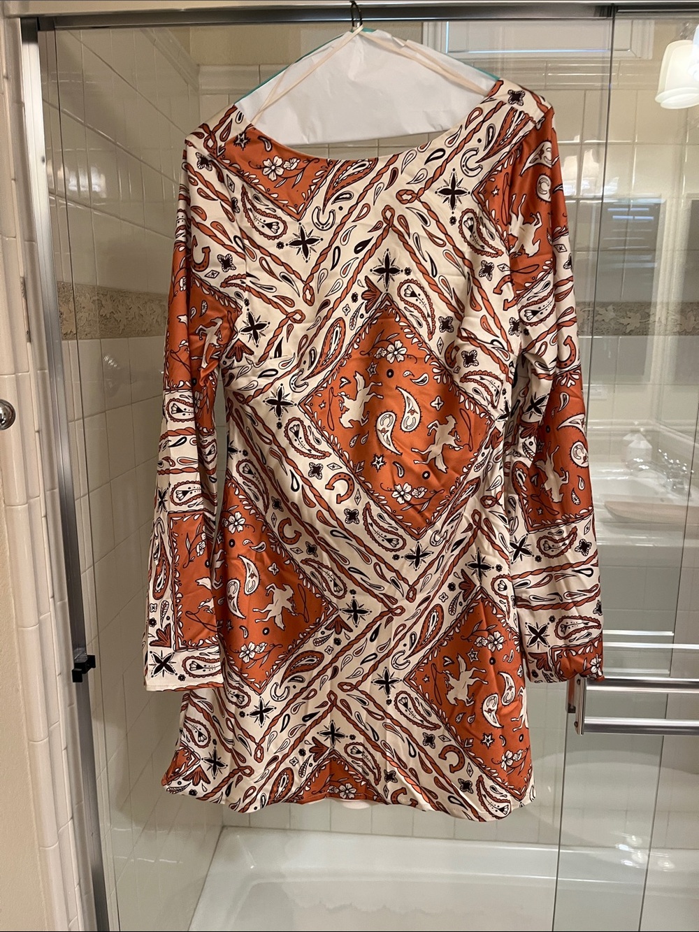 Rust Bandana-Print Long Sleeve Shift Dress - Women